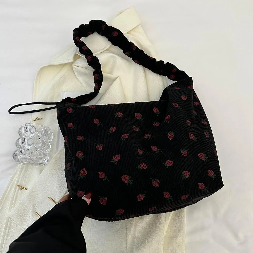 Women Strawberry Printed Shoulder Bag with Ruched Strap Strawberry Pattern Satchel Bag Corduroy Large Capacity Aest