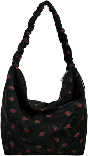 Women Strawberry Printed Shoulder Bag with Ruched Strap Strawberry Pattern Satchel Bag Corduroy Large Capacity Aest
