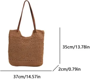 Women Stylish Knit Shoulder Bag Large Capacity Hollowed-Out Bag Solid Color Crochet Shoulder Bag Summer Beach Travel Bag
