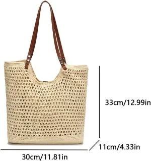 Women Stylish Knit Shoulder Bag Large Capacity Hollowed-Out Bag Wear Resist Seaside Knitting Beach Bag Travel Shoppin