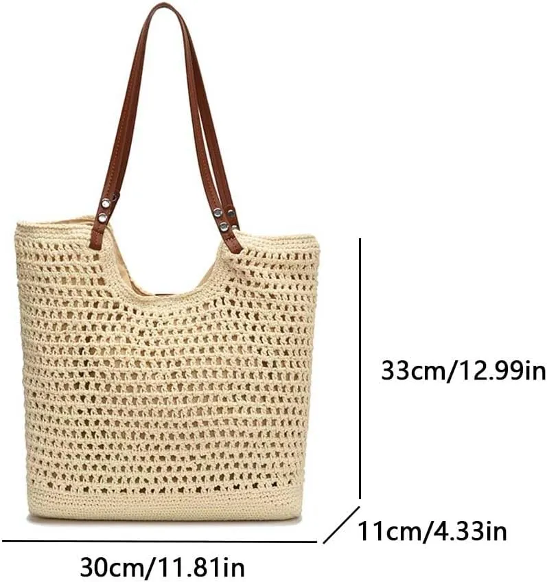 Women Stylish Knit Shoulder Bag Large Capacity Hollowed-Out Bag Wear Resist Seaside Knitting Beach Bag Travel Shoppin