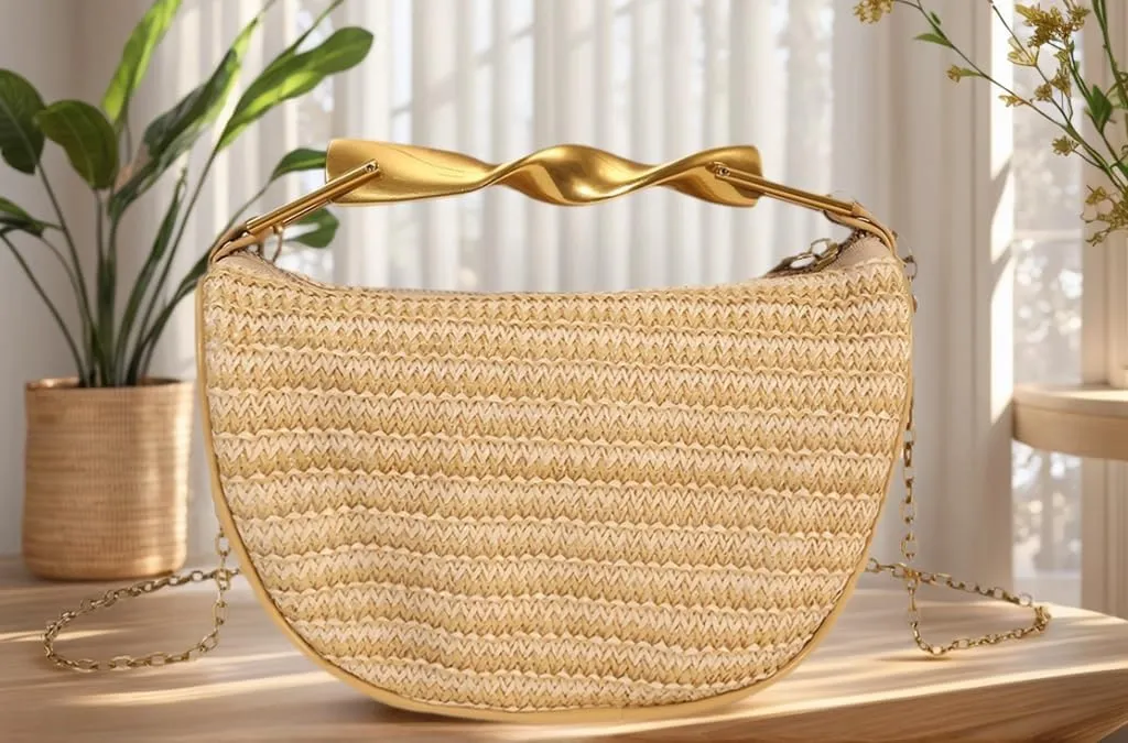 Women Top Handle Straw Clutch Purse Trendy Evening Bag with Detachable Chain for Beach Vacation Wedding Party