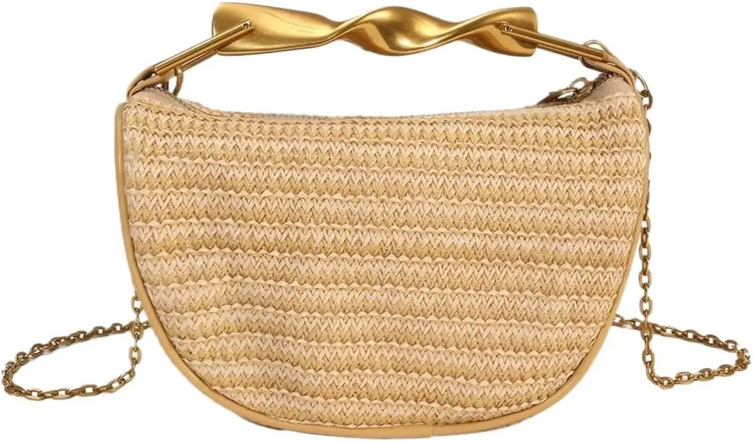Women Top Handle Straw Clutch Purse Trendy Evening Bag with Detachable Chain for Beach Vacation Wedding Party