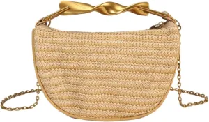 Women Top Handle Straw Clutch Purse Trendy Evening Bag with Detachable Chain for Beach Vacation Wedding Party