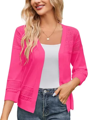 Women's 2025 Cropped Cardigan 3/4 Sleeve Lightweight Crochet Shrug Hollowed-Out Knit Sweater Tops S-XXL