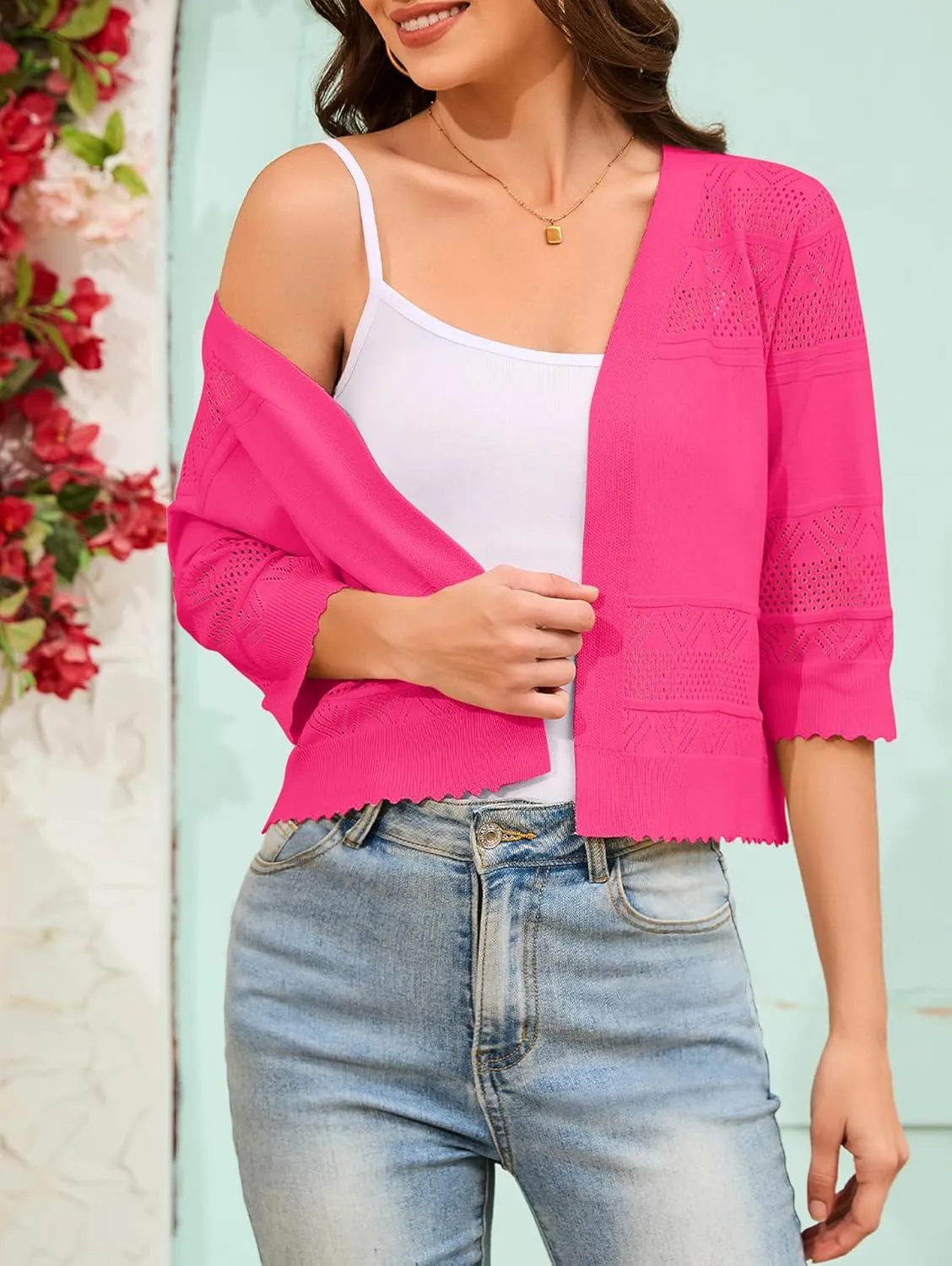 Women's 2025 Cropped Cardigan 3/4 Sleeve Lightweight Crochet Shrug Hollowed-Out Knit Sweater Tops S-XXL