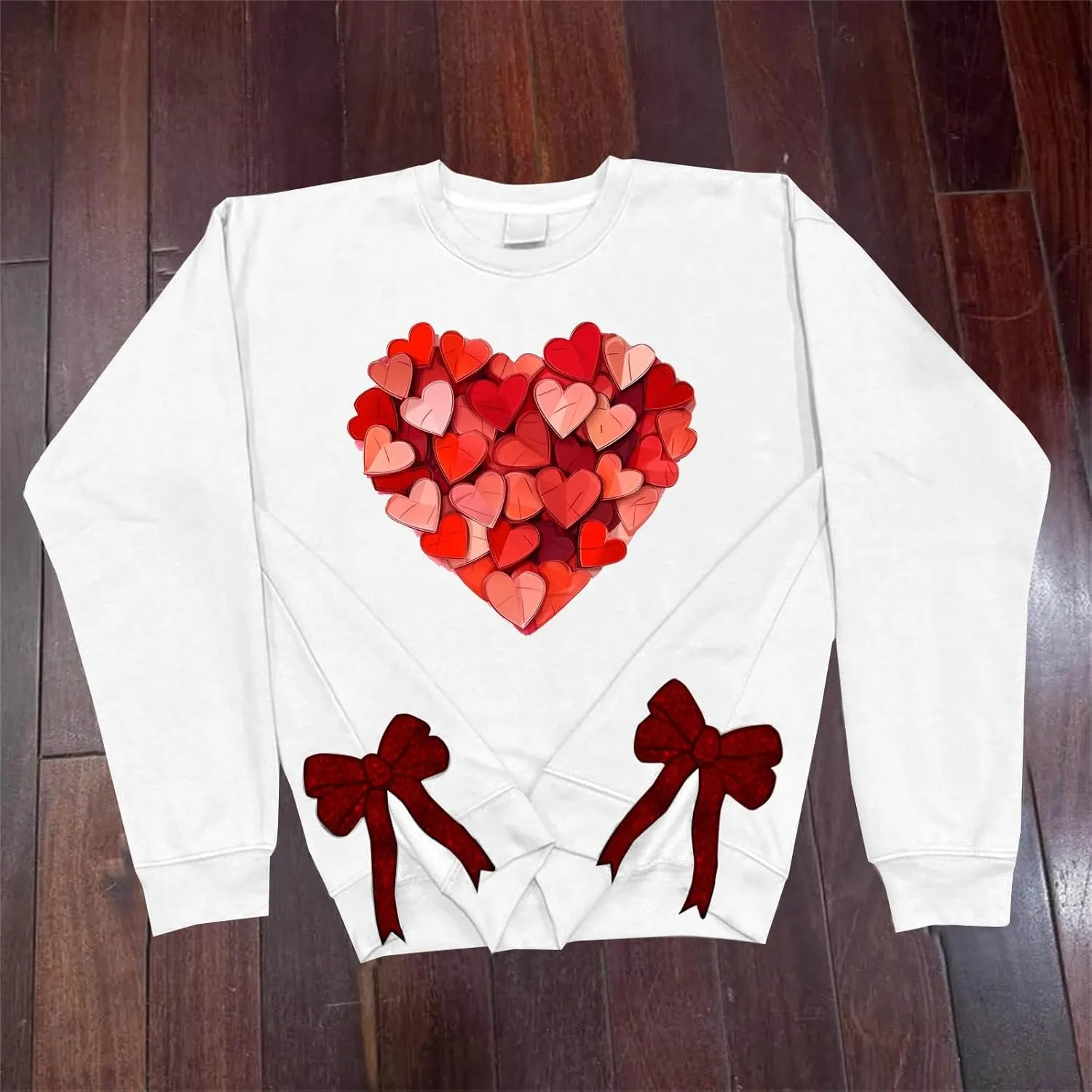 Womens 2025 Heart Printed Sweatshirt Side Bow Applique Trendy Blouses Holiday Outdoor Sports Casual Top