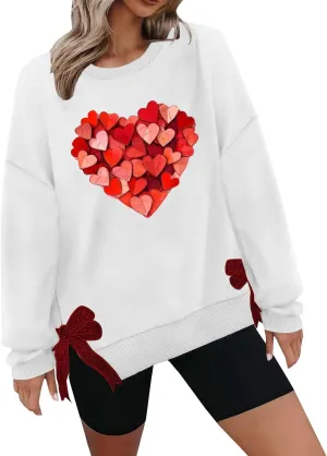 Womens 2025 Heart Printed Sweatshirt Side Bow Applique Trendy Blouses Holiday Outdoor Sports Casual Top