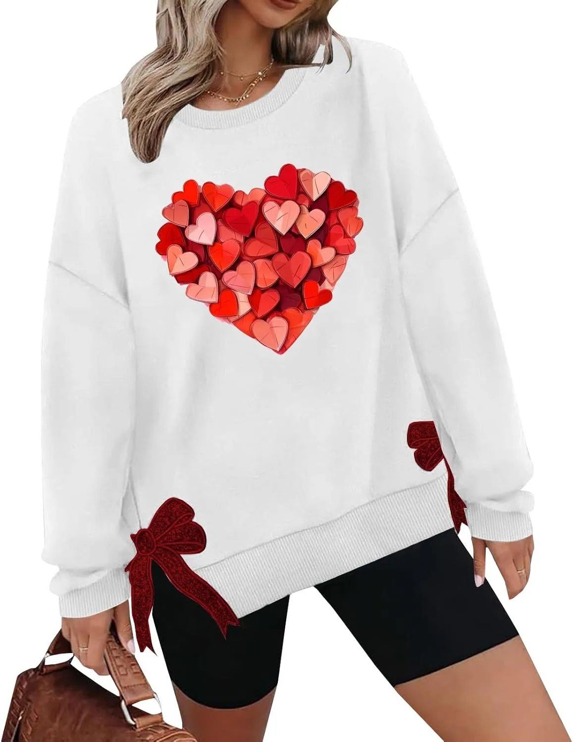 Womens 2025 Heart Printed Sweatshirt Side Bow Applique Trendy Blouses Holiday Outdoor Sports Casual Top
