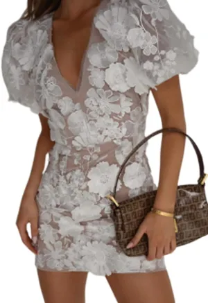 Women's 3D Floral Embroidery Dress 2025 Summer Puff Sleeve V Neck Lace Bodycon Party Cocktail Mini Dresses