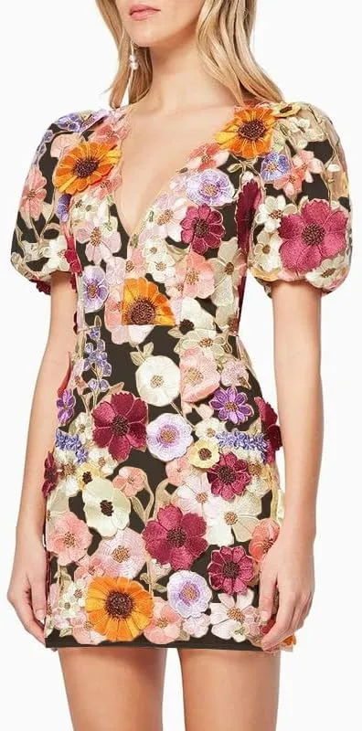 Women's 3D Floral Embroidery Dress 2025 Summer Puff Sleeve V Neck Lace Bodycon Party Cocktail Mini Dresses