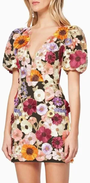 Women's 3D Floral Embroidery Dress 2025 Summer Puff Sleeve V Neck Lace Bodycon Party Cocktail Mini Dresses
