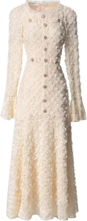 Women's Applique Trumpet Sleeve Dress Round Neck Button Detail Elegant Party Dress