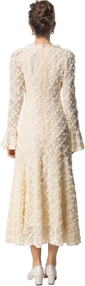 Women's Applique Trumpet Sleeve Dress Round Neck Button Detail Elegant Party Dress