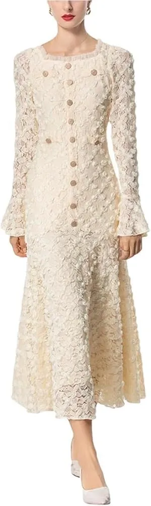 Women's Applique Trumpet Sleeve Dress Round Neck Button Detail Elegant Party Dress