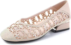 Women‘s Breathable Hollow Rhinestone Low Chunky Heel Pumps,Summer Closed Square Toe Backless for Wedding Work Evening Dress Shoes Soft Non-Slip Slip-On Classic Party Shoes with Glitter