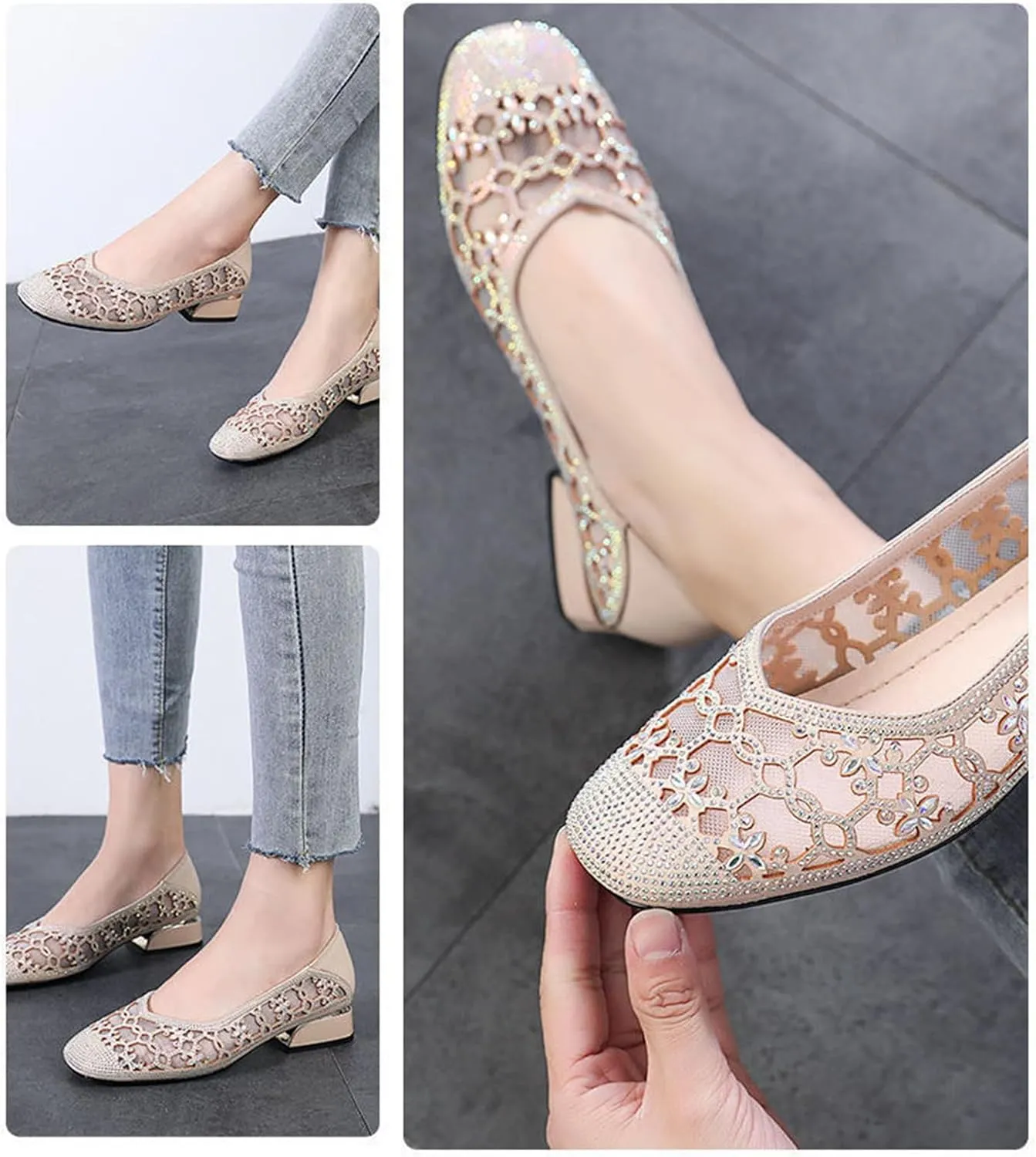 Women‘s Breathable Hollow Rhinestone Low Chunky Heel Pumps,Summer Closed Square Toe Backless for Wedding Work Evening Dress Shoes Soft Non-Slip Slip-On Classic Party Shoes with Glitter