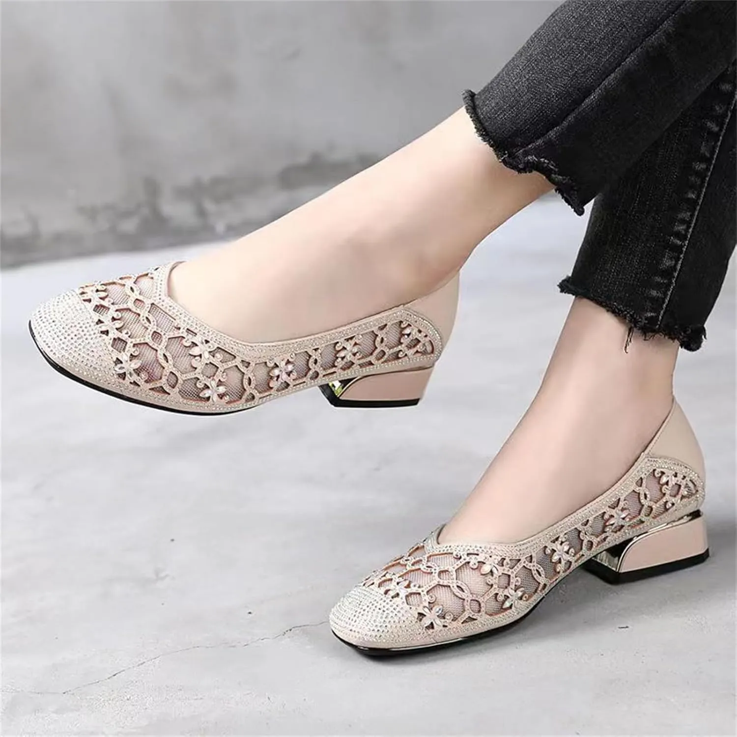 Women‘s Breathable Hollow Rhinestone Low Chunky Heel Pumps,Summer Closed Square Toe Backless for Wedding Work Evening Dress Shoes Soft Non-Slip Slip-On Classic Party Shoes with Glitter