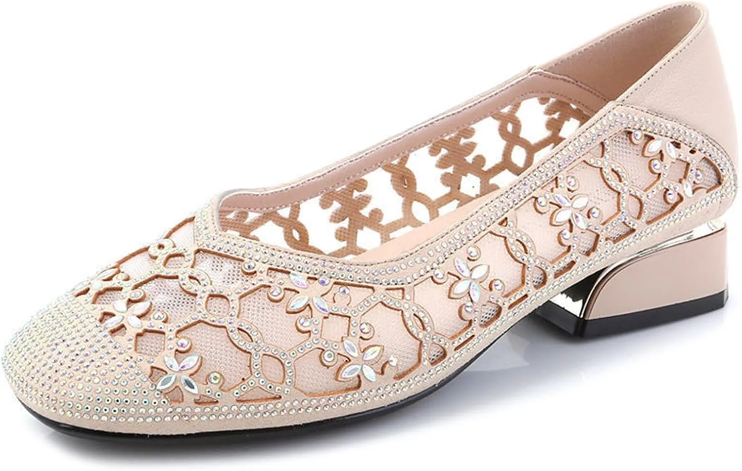 Women‘s Breathable Hollow Rhinestone Low Chunky Heel Pumps,Summer Closed Square Toe Backless for Wedding Work Evening Dress Shoes Soft Non-Slip Slip-On Classic Party Shoes with Glitter