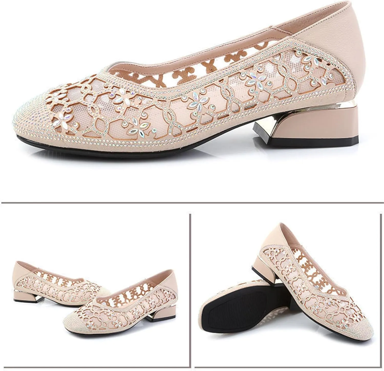 Women‘s Breathable Hollow Rhinestone Low Chunky Heel Pumps,Summer Closed Square Toe Backless for Wedding Work Evening Dress Shoes Soft Non-Slip Slip-On Classic Party Shoes with Glitter