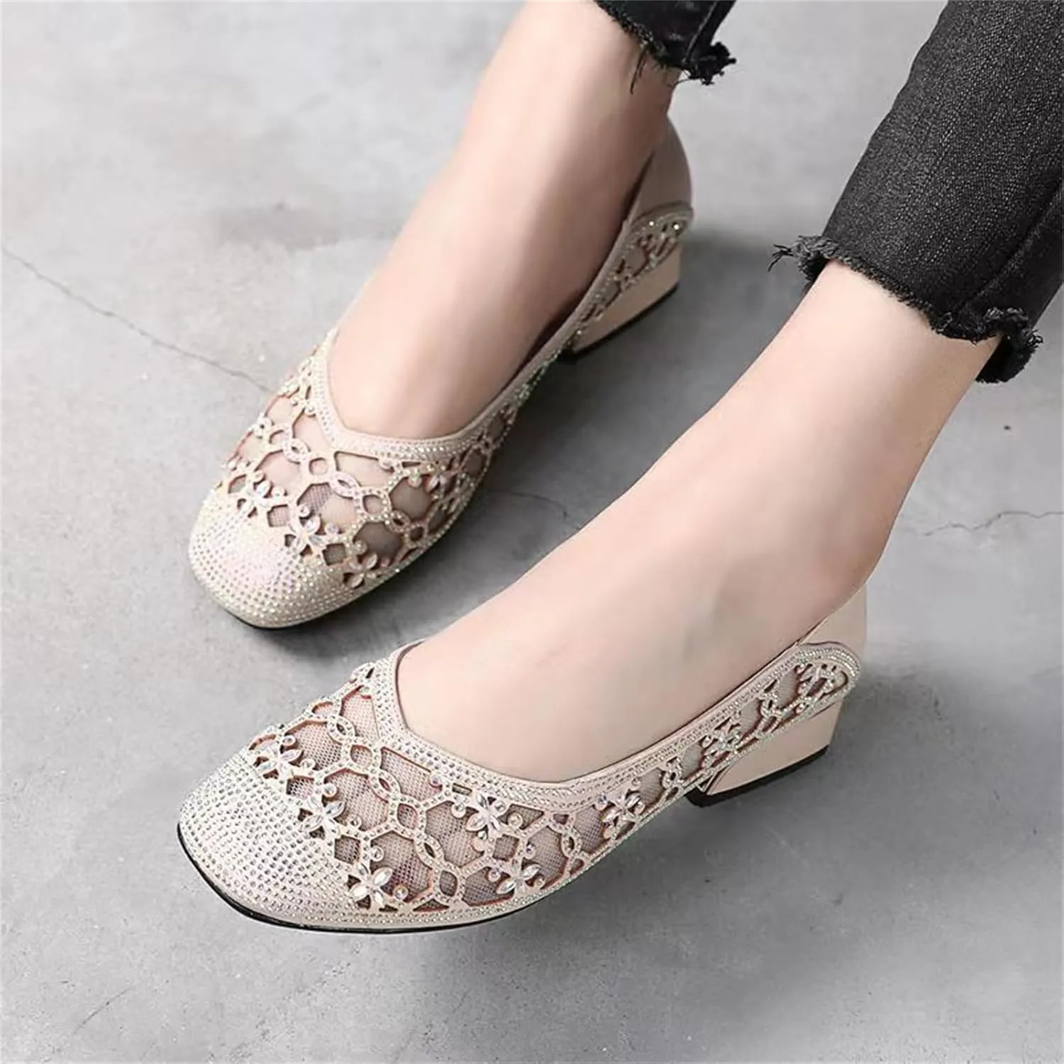Women‘s Breathable Hollow Rhinestone Low Chunky Heel Pumps,Summer Closed Square Toe Backless for Wedding Work Evening Dress Shoes Soft Non-Slip Slip-On Classic Party Shoes with Glitter