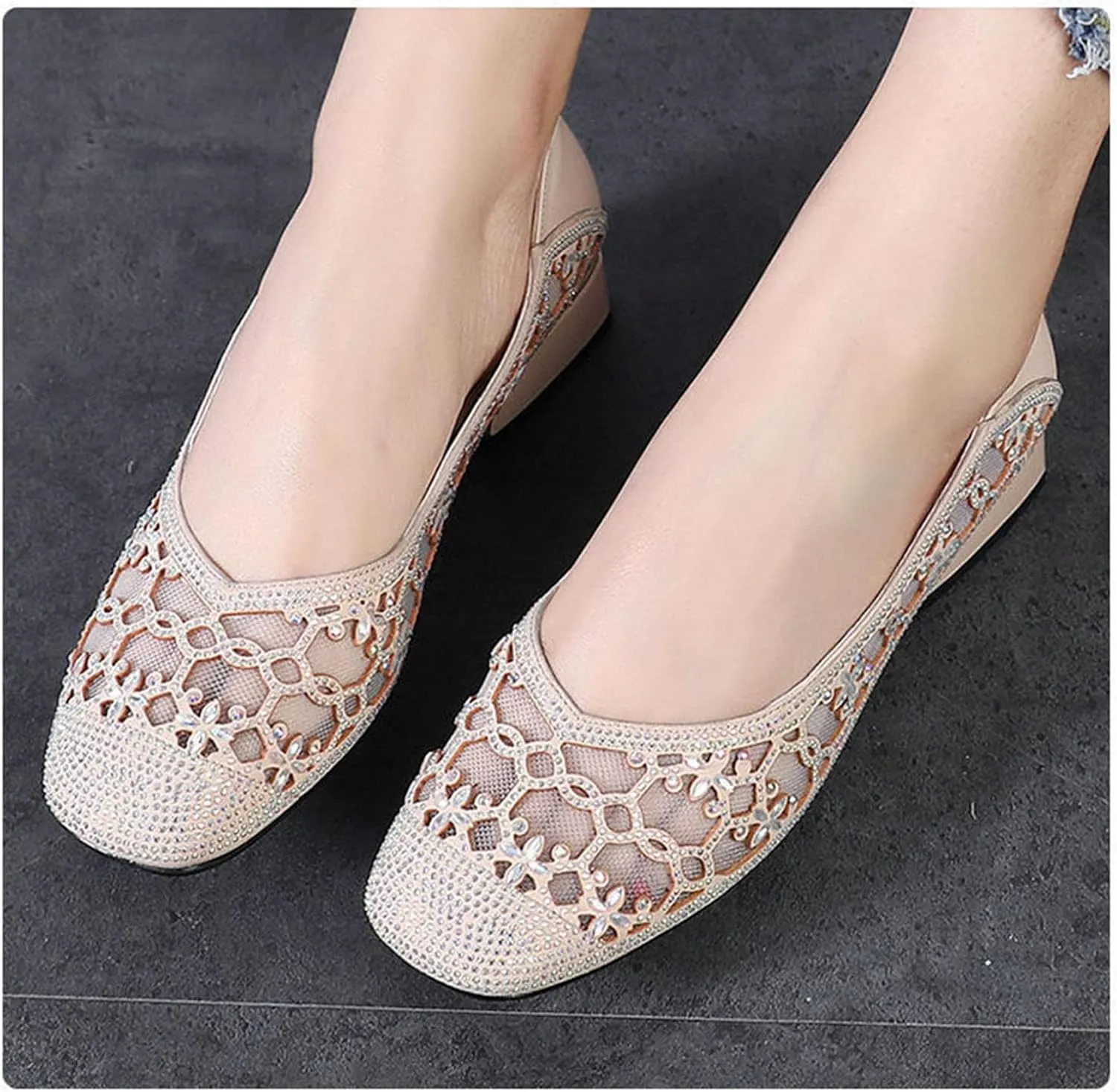 Women‘s Breathable Hollow Rhinestone Low Chunky Heel Pumps,Summer Closed Square Toe Backless for Wedding Work Evening Dress Shoes Soft Non-Slip Slip-On Classic Party Shoes with Glitter