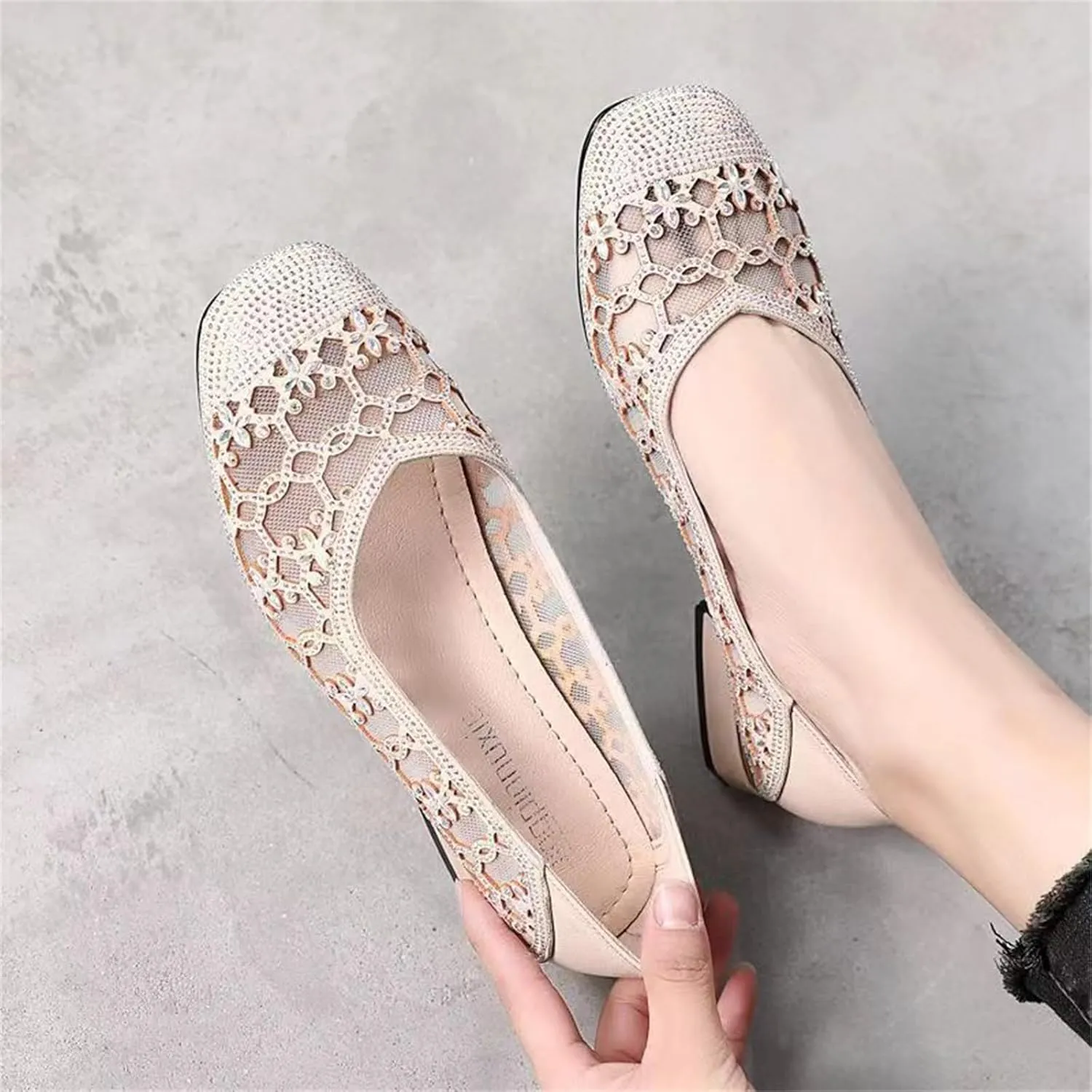 Women‘s Breathable Hollow Rhinestone Low Chunky Heel Pumps,Summer Closed Square Toe Backless for Wedding Work Evening Dress Shoes Soft Non-Slip Slip-On Classic Party Shoes with Glitter