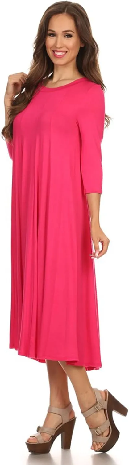 Women's Casual Basic Comfy 3/4 Sleeve Flare A-line Midi Long Maxi Dress Made in USA(S-3XL)