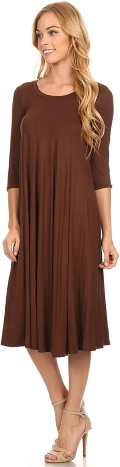 Women's Casual Basic Comfy 3/4 Sleeve Flare A-line Midi Long Maxi Dress Made in USA(S-3XL)