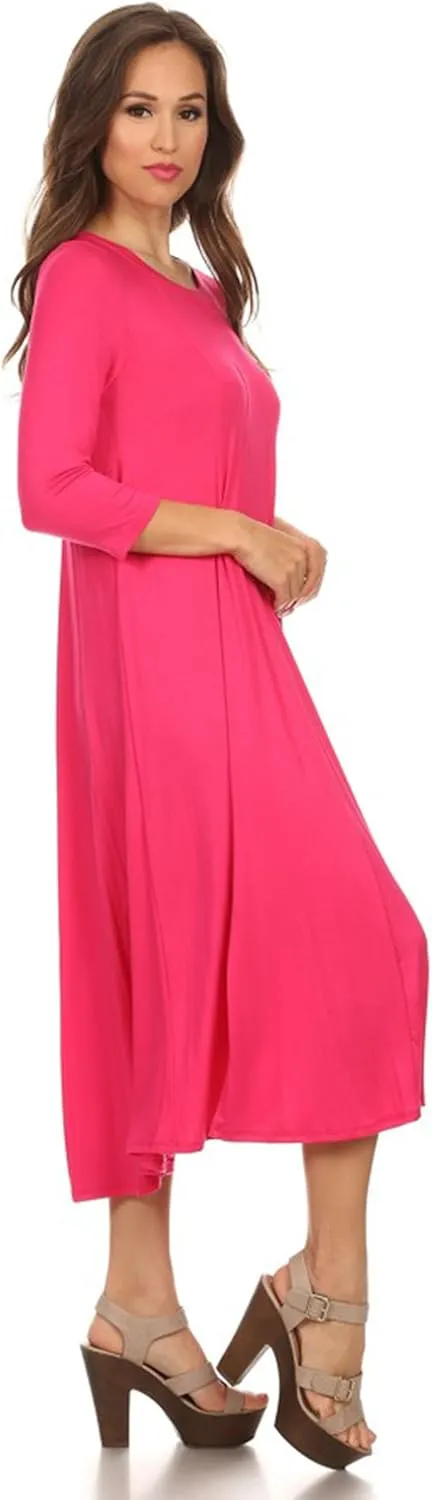 Women's Casual Basic Comfy 3/4 Sleeve Flare A-line Midi Long Maxi Dress Made in USA(S-3XL)