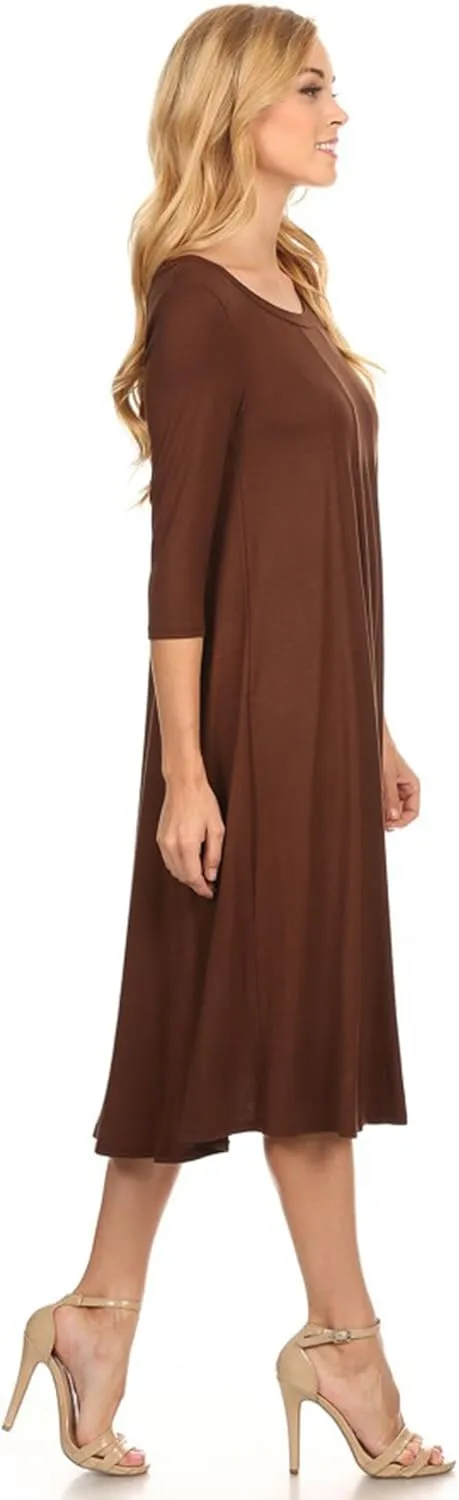 Women's Casual Basic Comfy 3/4 Sleeve Flare A-line Midi Long Maxi Dress Made in USA(S-3XL)