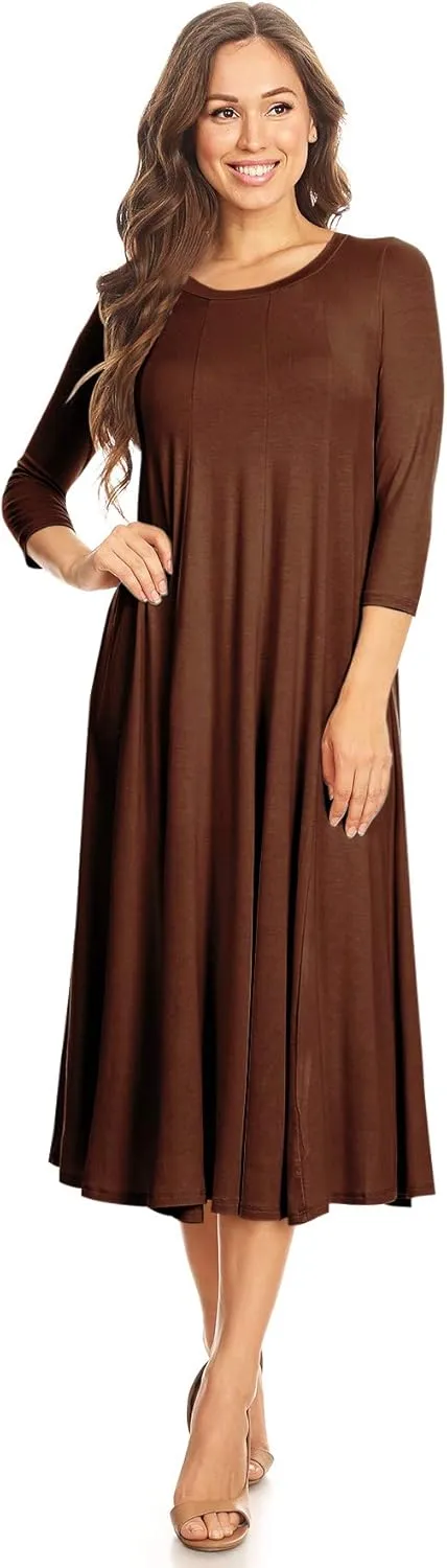 Women's Casual Basic Comfy 3/4 Sleeve Flare A-line Midi Long Maxi Dress Made in USA(S-3XL)