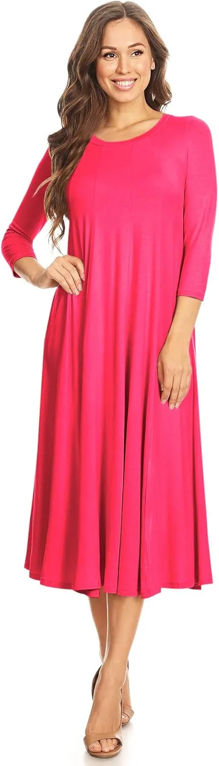 Women's Casual Basic Comfy 3/4 Sleeve Flare A-line Midi Long Maxi Dress Made in USA(S-3XL)