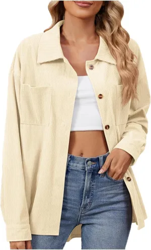 Womens Corduroy Jacket Button Down tops Casual Shacket Long Sleeve Coats Loose Trendy Drop Shoulder Shirts Jacket