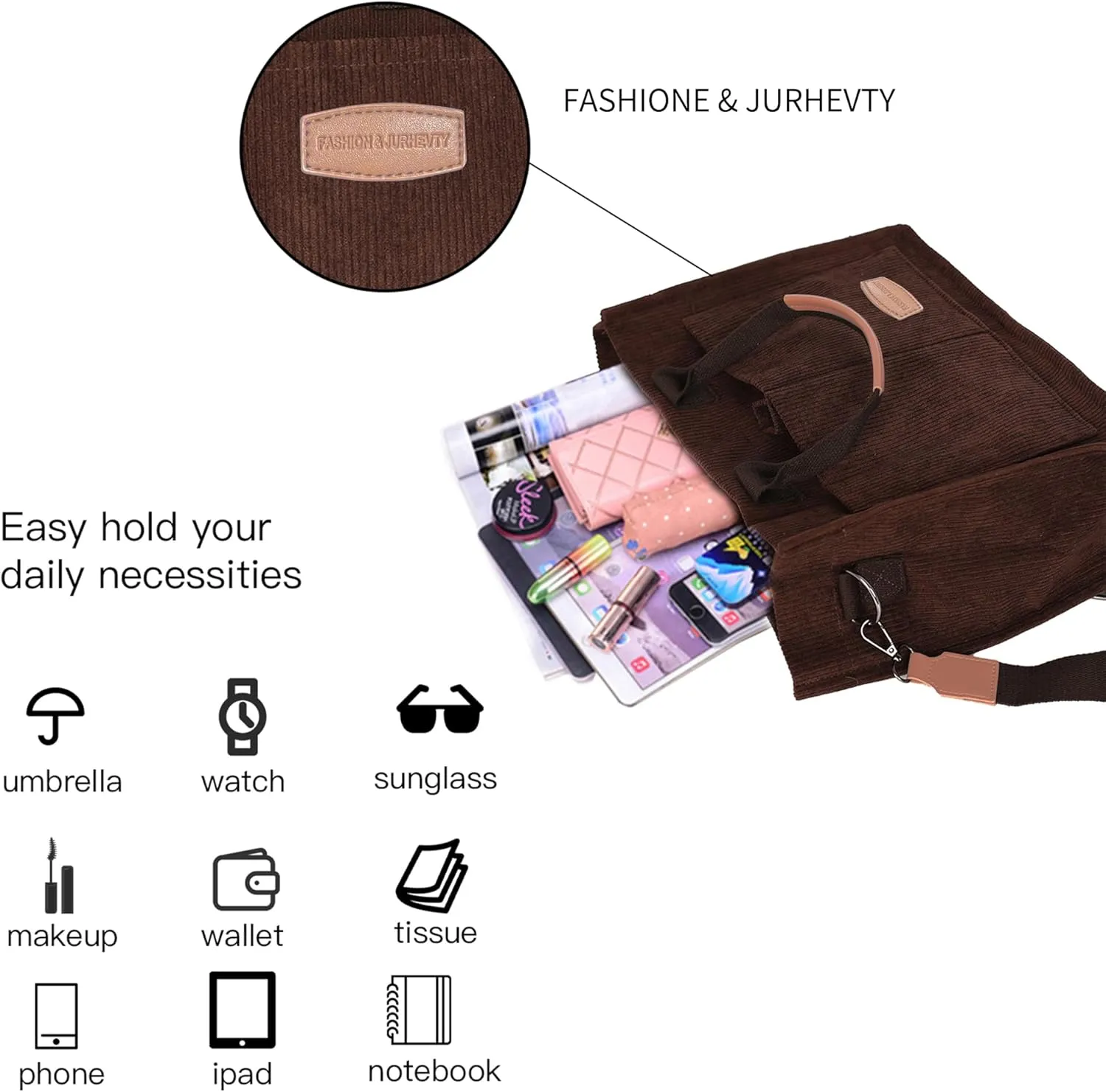 Womens Corduroy Tote Bag with Pockets Fall Winter Fashion Crossbody Bag Cute Handbag Charm Satchel