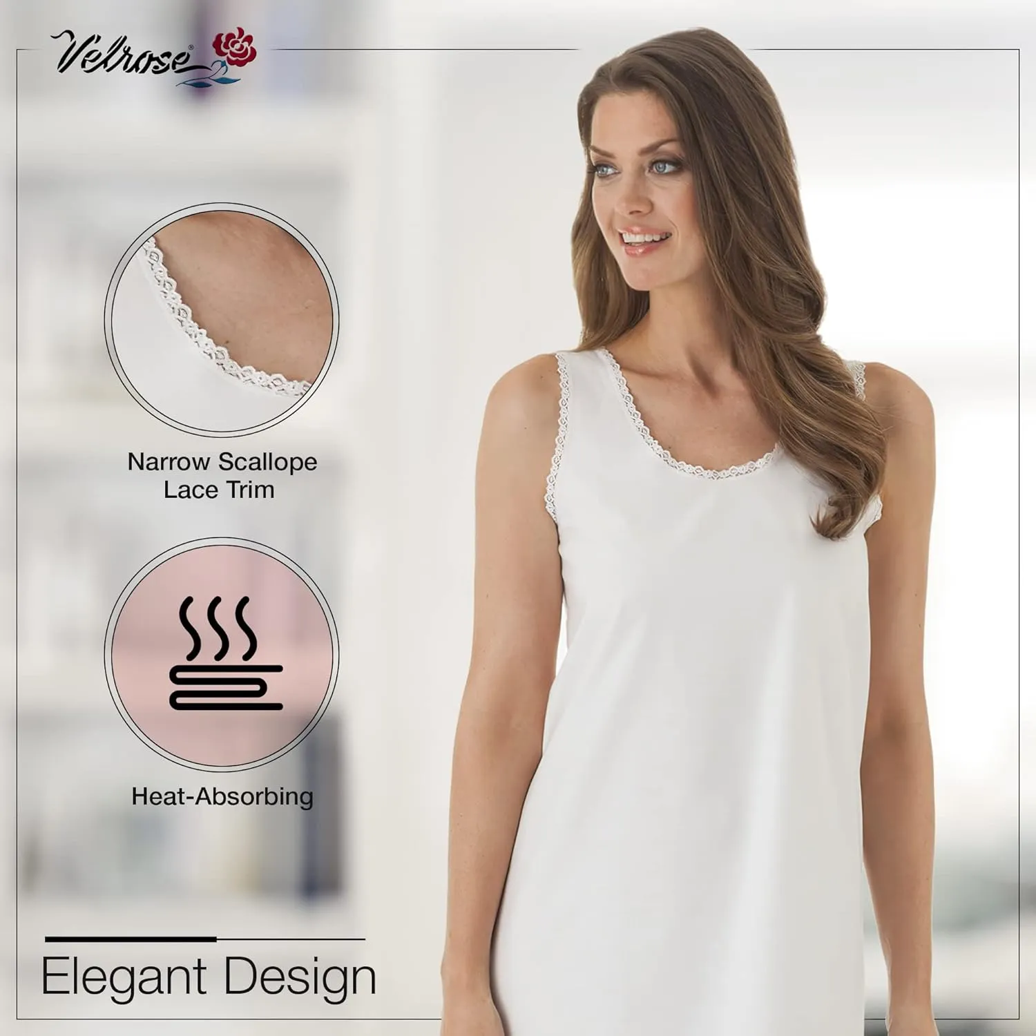 Women's Cotton Full Slip Soft Under Dress Nightgown Loungewear with Wide Strap and Scallop Lace Trim Style 801 White