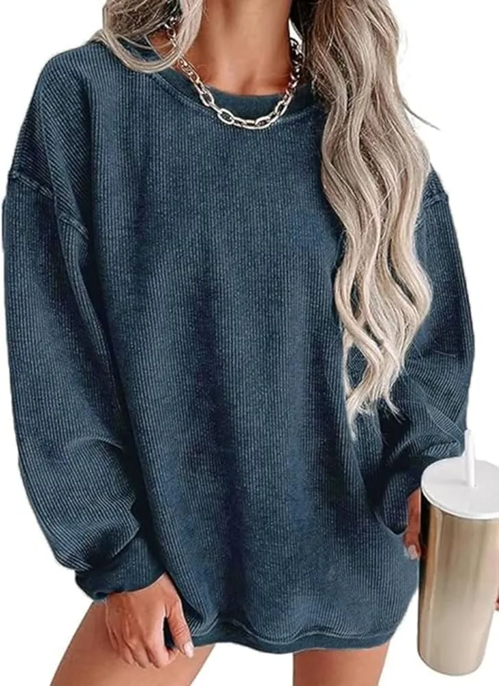 Womens Crewneck Oversized Corduroy Corded Sweatshirt Casual Long Sleeve Trendy Pullover Comfy Tops