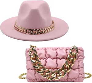 Women's Crossbody Flat Bubble Puff Handbag Pu Leather and Matching Fedora Chain Style Hat