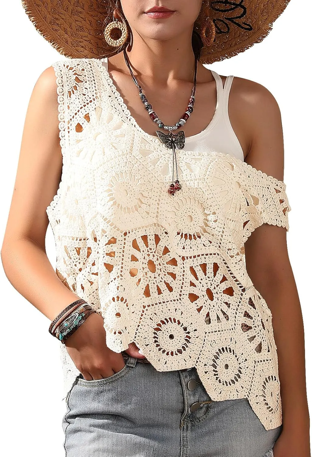 Womens Floral Crochet Lace Boho Trim Sleeveless Open Front Vest Cardigan