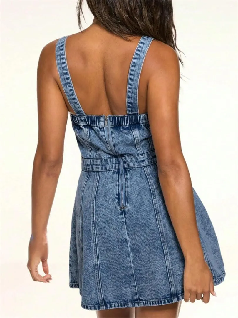 Women's Hollowed Out Backless Denim Skirt with Suspender, Waist Cinching and Slimming Dress