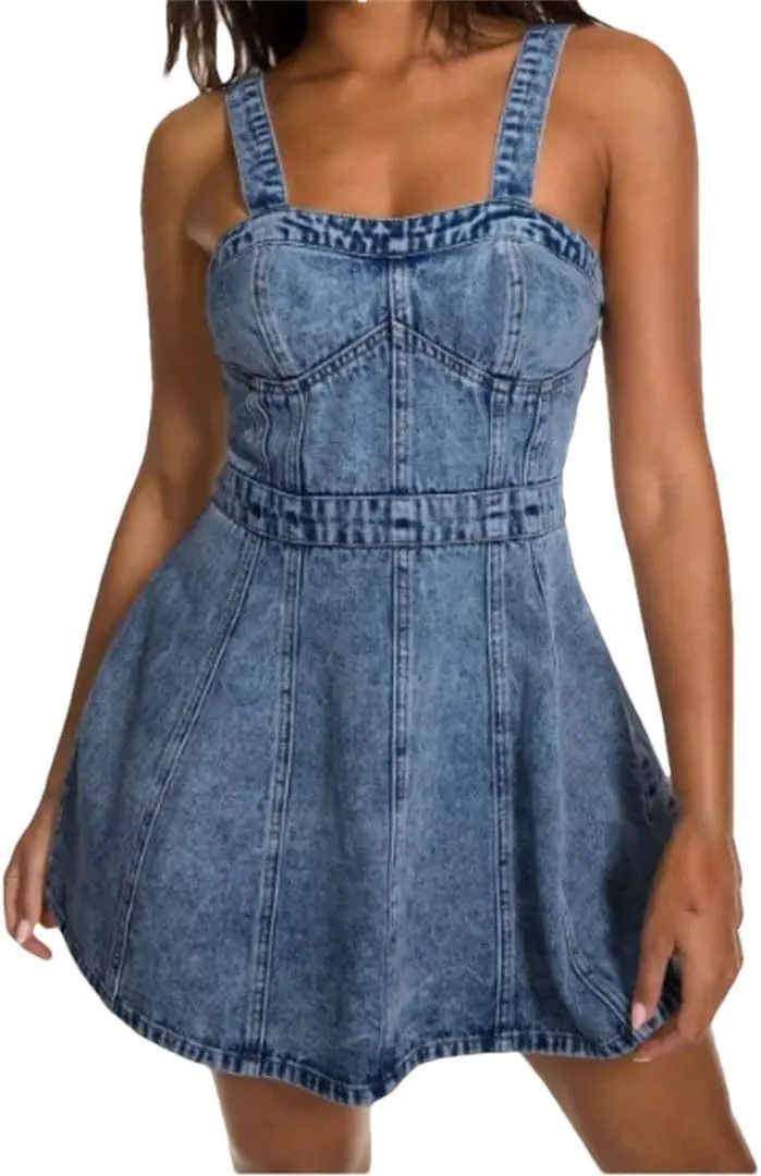 Women's Hollowed Out Backless Denim Skirt with Suspender, Waist Cinching and Slimming Dress