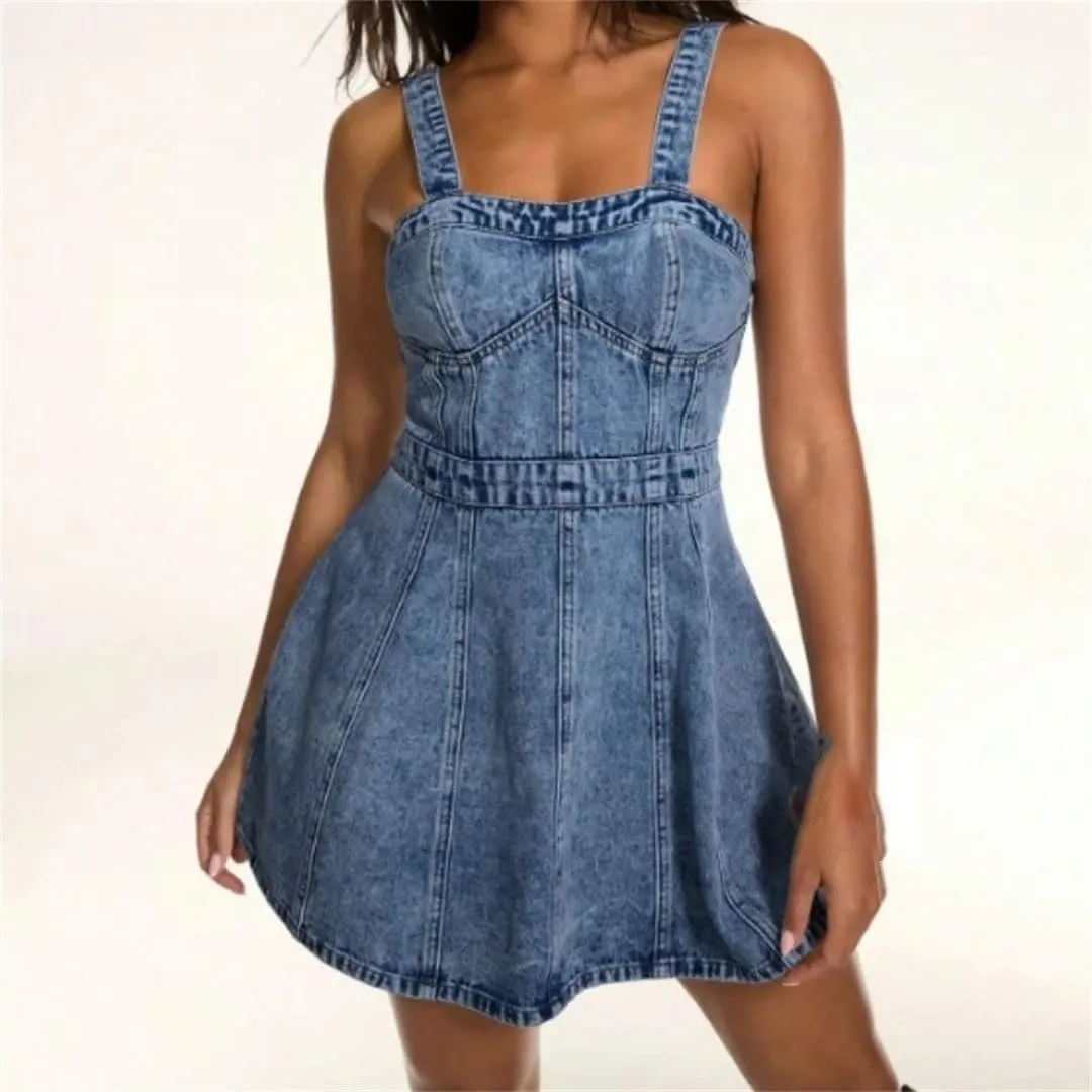 Women's Hollowed Out Backless Denim Skirt with Suspender, Waist Cinching and Slimming Dress