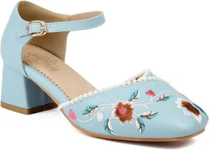 Women's JS37 Embroidered Beaded Ankle Strap Fabric Low Block D-Orsay Pumps