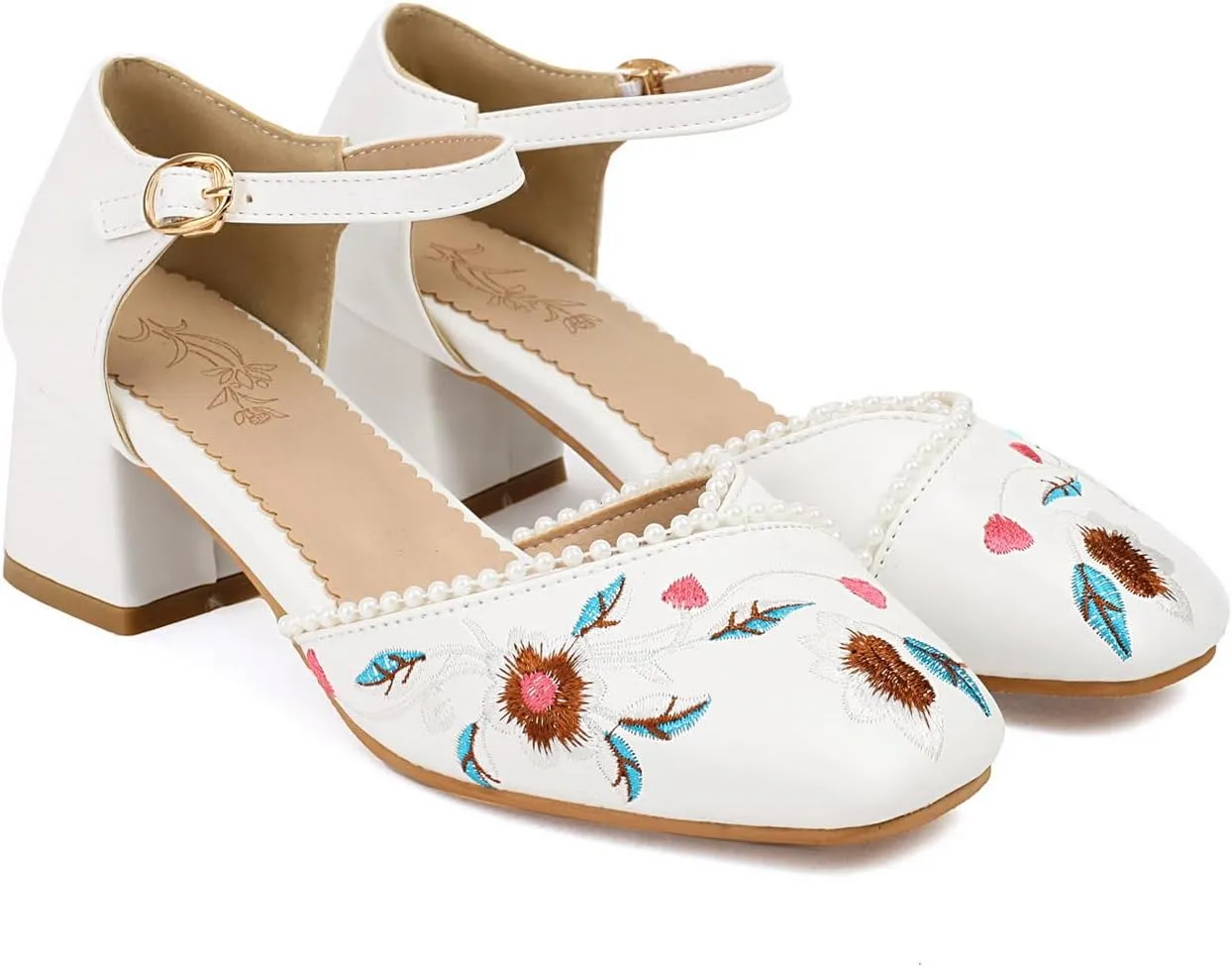 Women's JS37 Embroidered Beaded Ankle Strap Fabric Low Block D-Orsay Pumps