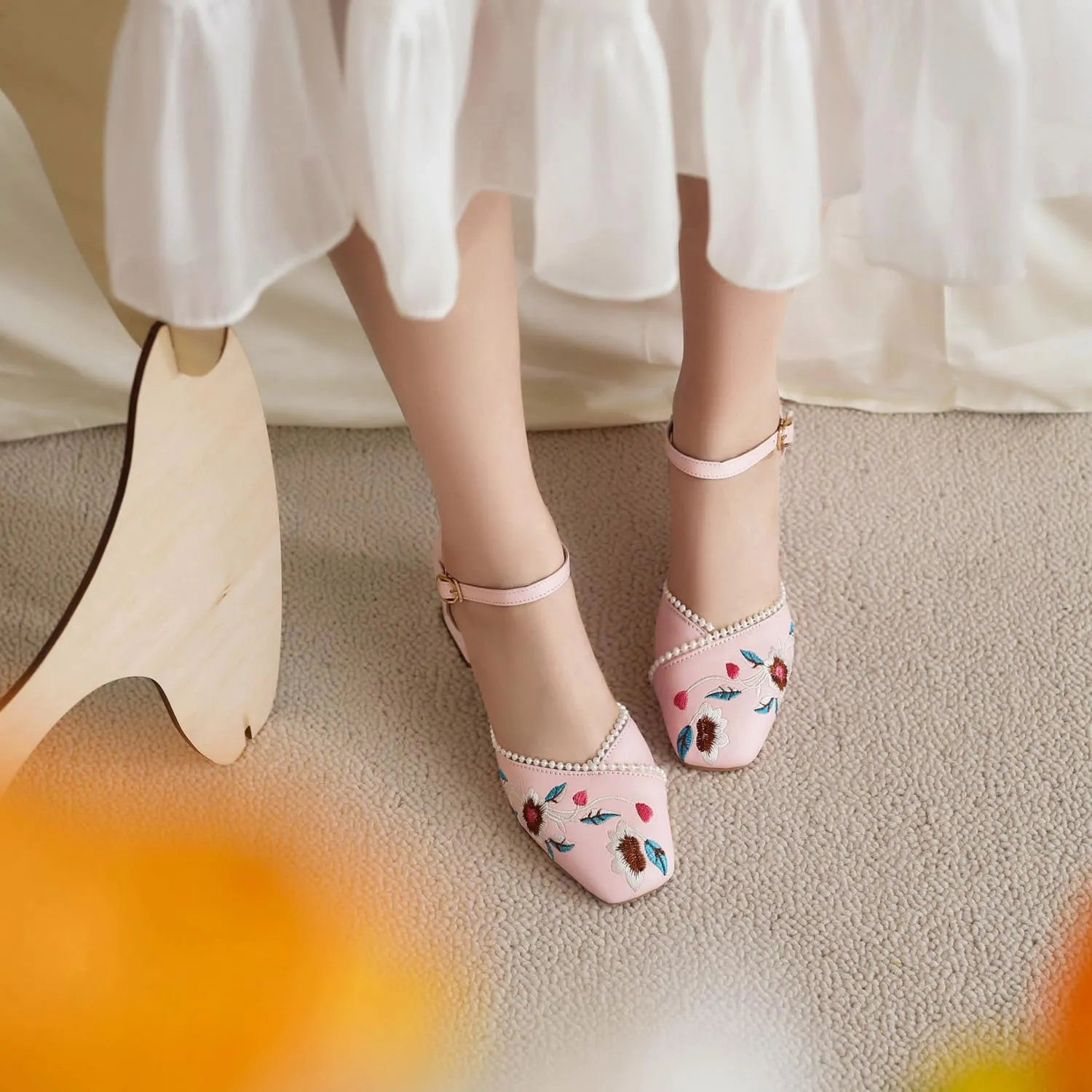 Women's JS37 Embroidered Beaded Ankle Strap Fabric Low Block D-Orsay Pumps