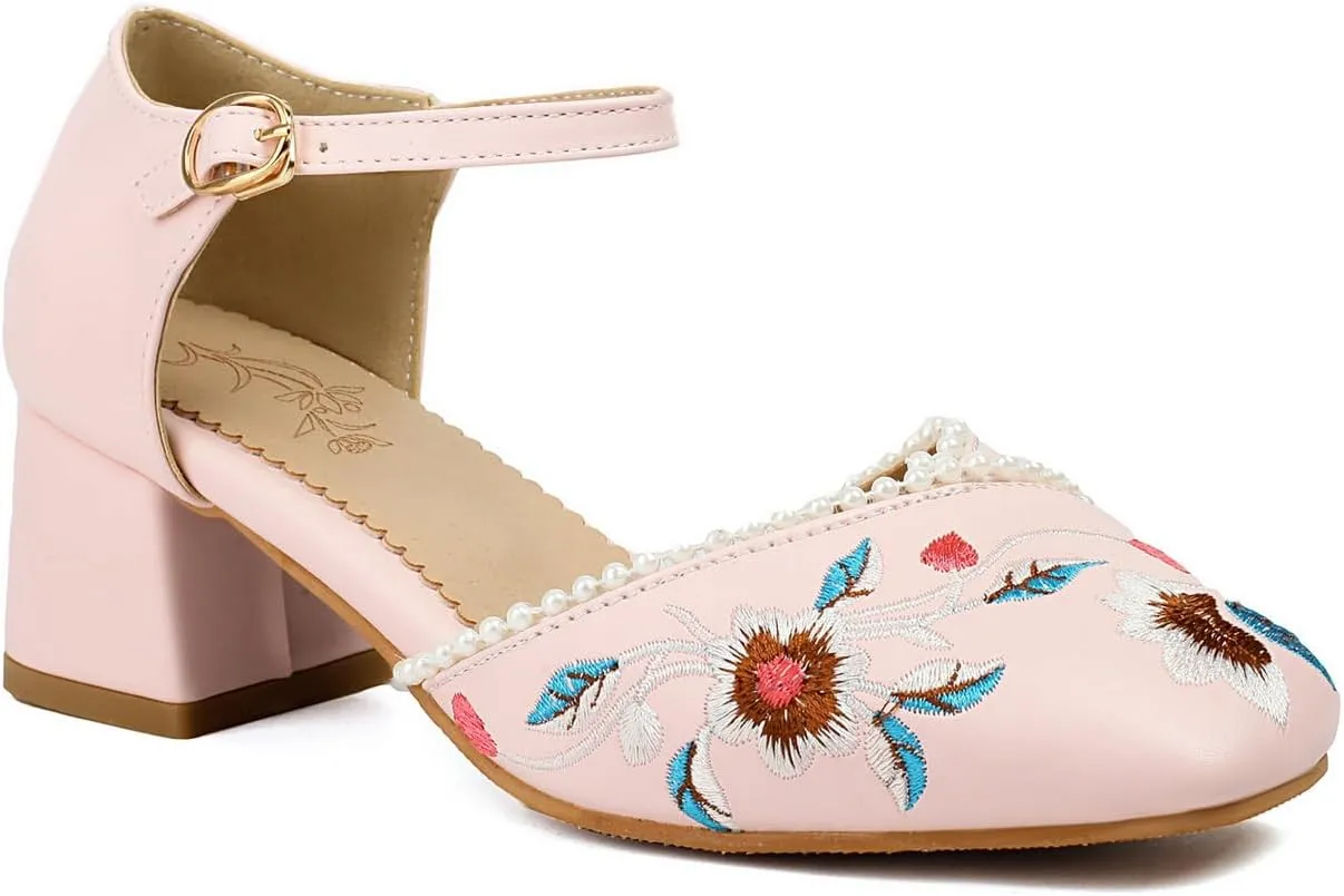 Women's JS37 Embroidered Beaded Ankle Strap Fabric Low Block D-Orsay Pumps