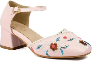 Women's JS37 Embroidered Beaded Ankle Strap Fabric Low Block D-Orsay Pumps
