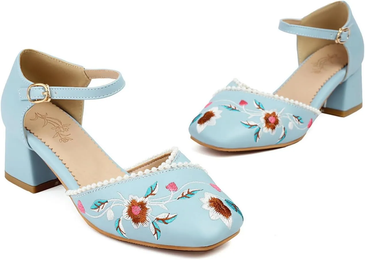 Women's JS37 Embroidered Beaded Ankle Strap Fabric Low Block D-Orsay Pumps
