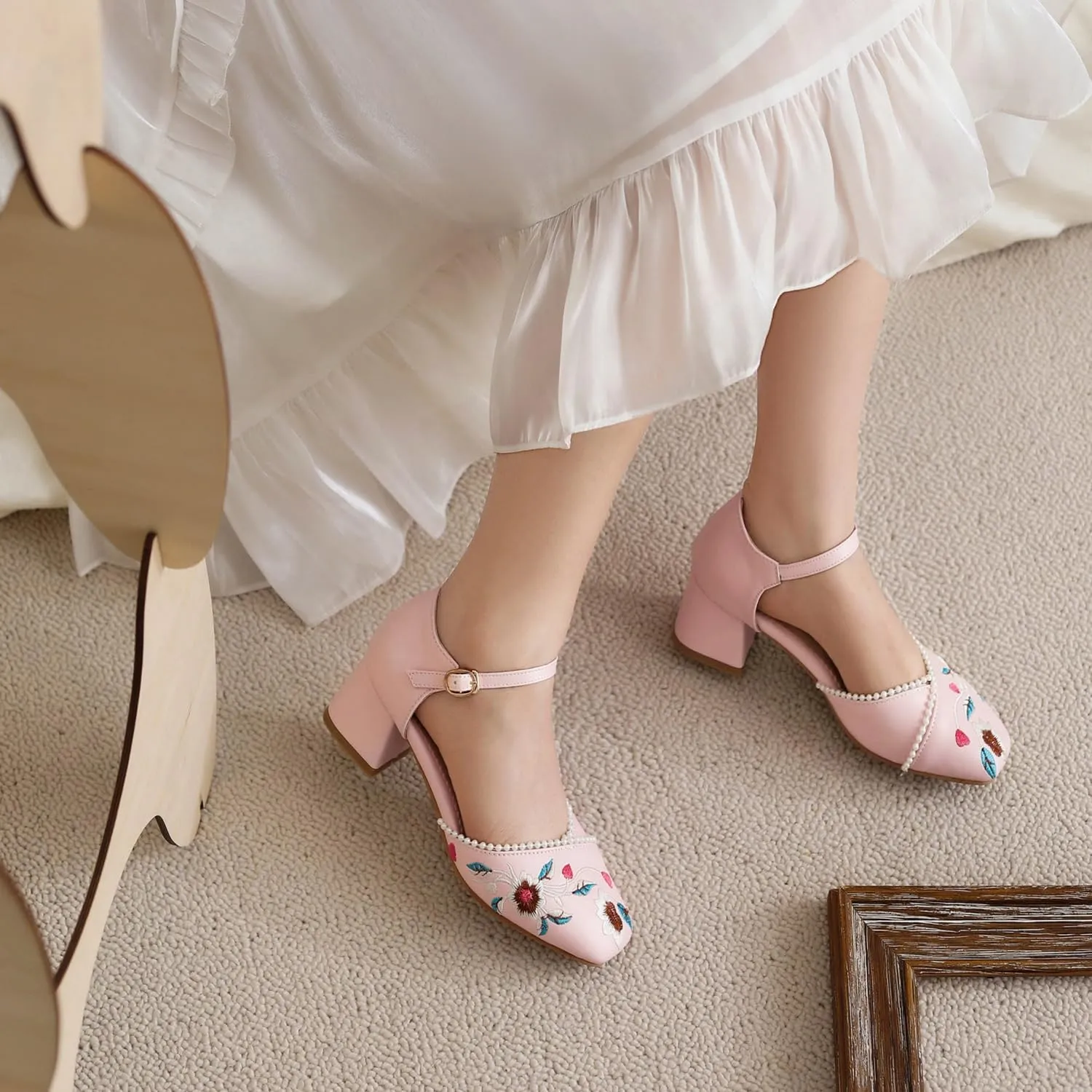 Women's JS37 Embroidered Beaded Ankle Strap Fabric Low Block D-Orsay Pumps