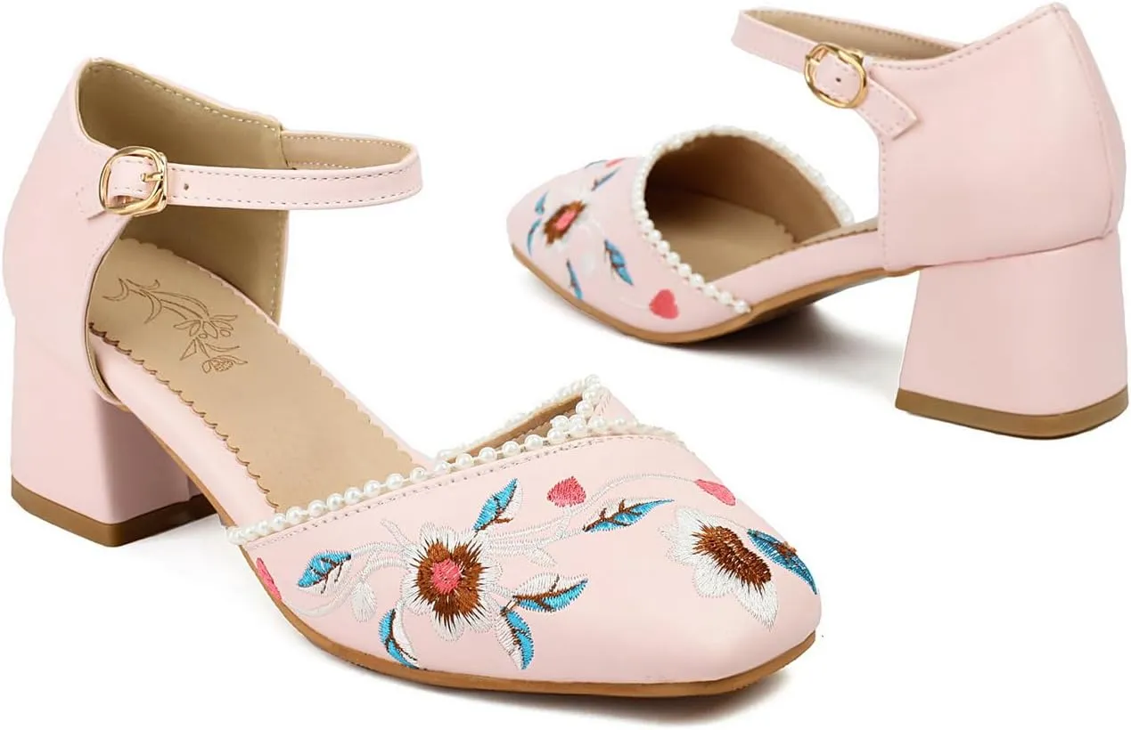 Women's JS37 Embroidered Beaded Ankle Strap Fabric Low Block D-Orsay Pumps